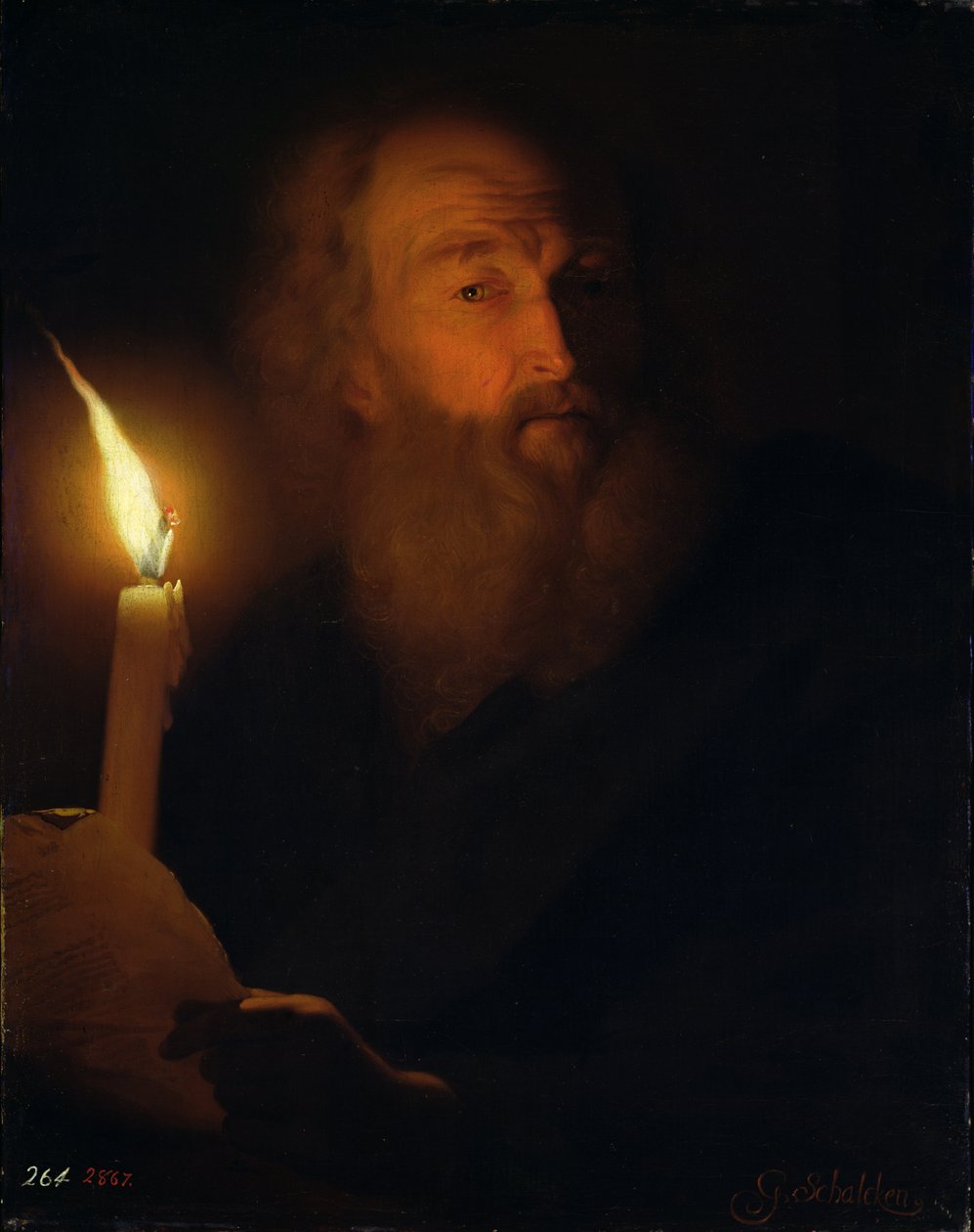 Homem com uma vela (efeito de luz artificial) de Godfried Schalcken