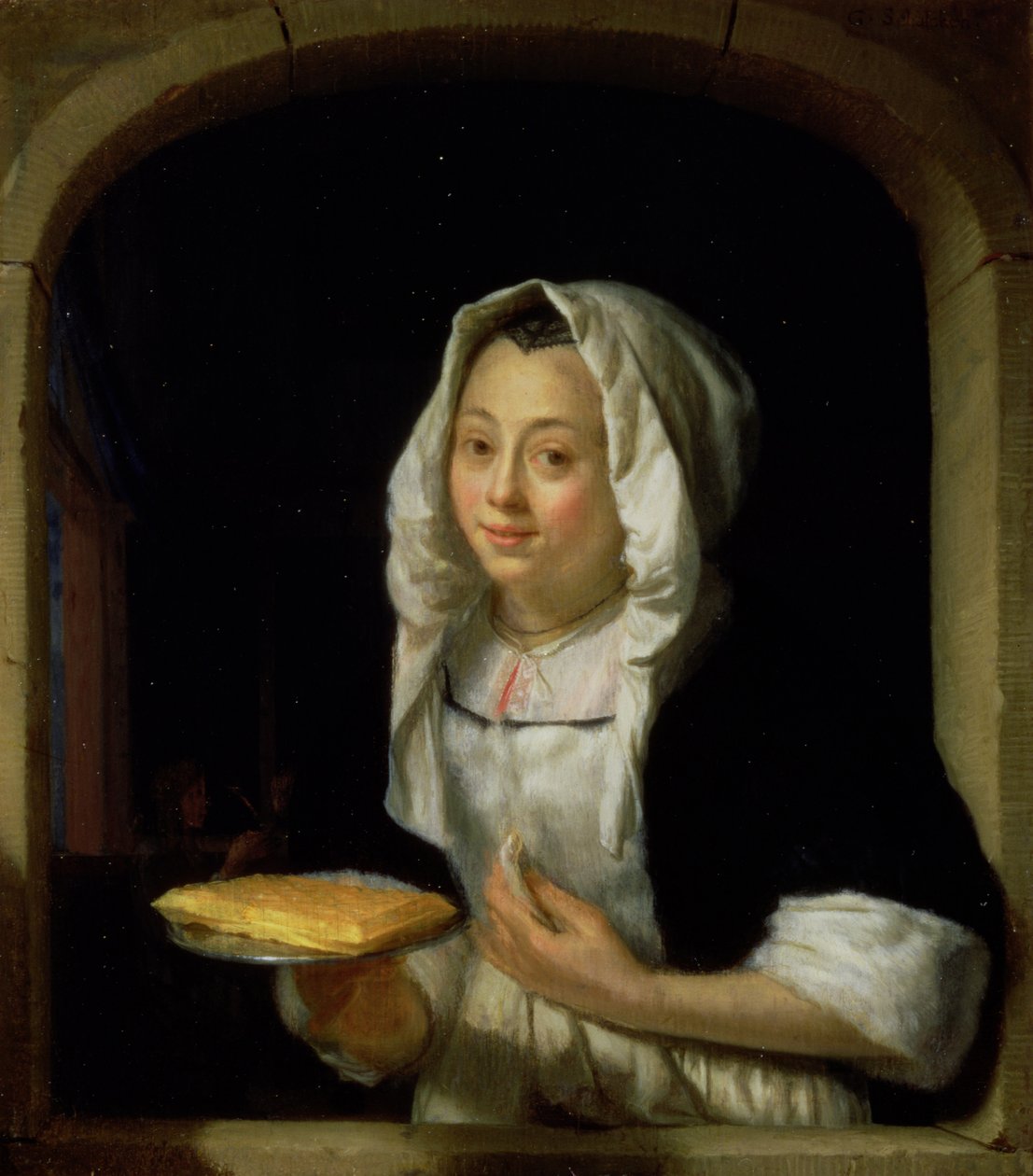 Retrato, de, um, empregada, segurando, um, waffle, (panel) de Godfried Schalcken