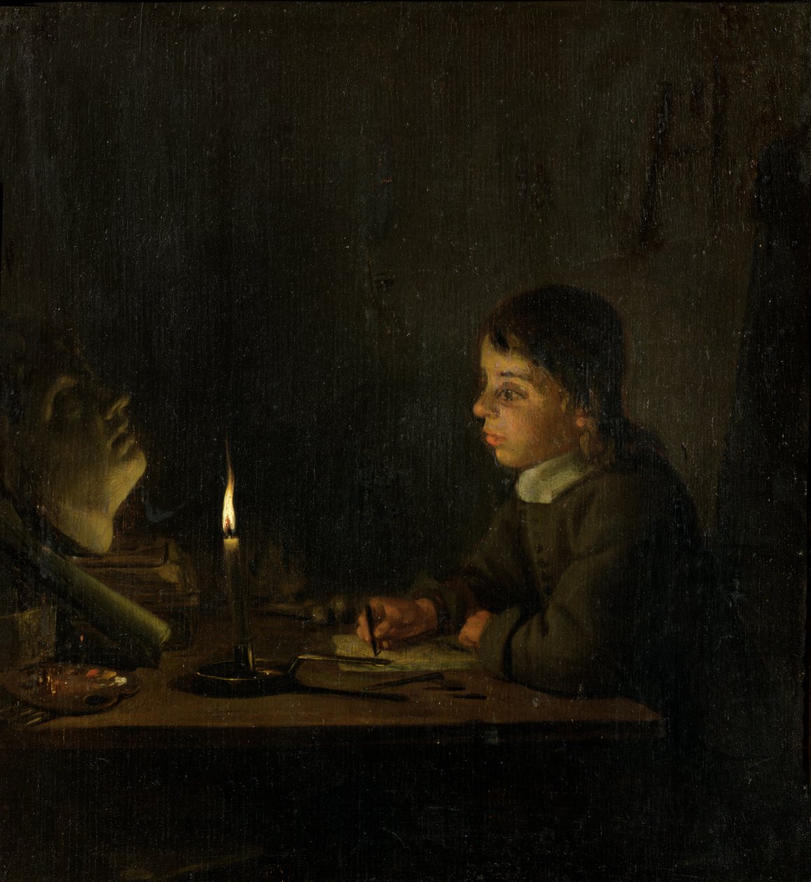 Menino desenhando à luz de velas de Godfried Schalcken