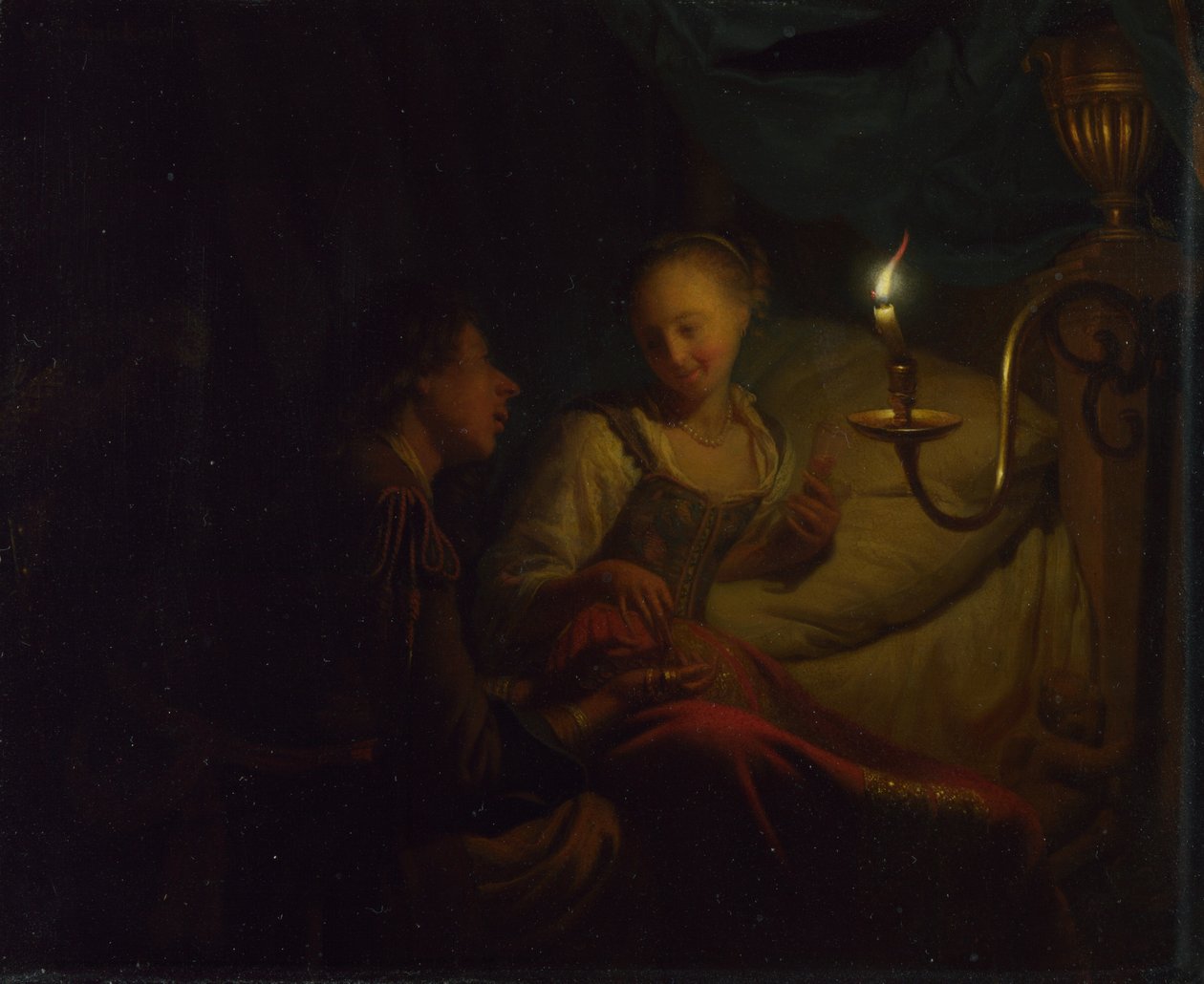 Uma cena à luz de velas. Um homem oferecendo uma corrente de ouro e moedas para uma garota sentada em uma cama, c. 1665-1667 de Godfried Cornelisz Schalcken