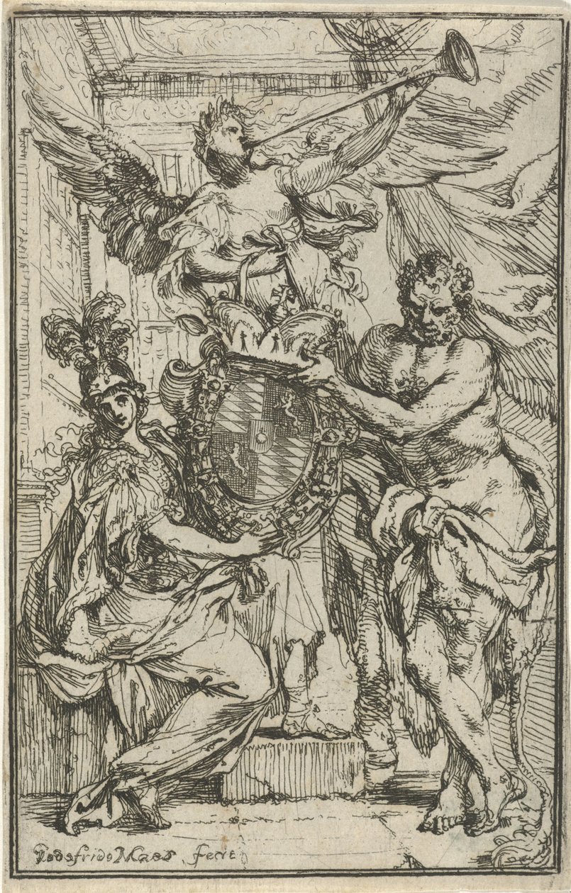 Minerva, Hércules e Fama com brasão de Godfried Maes