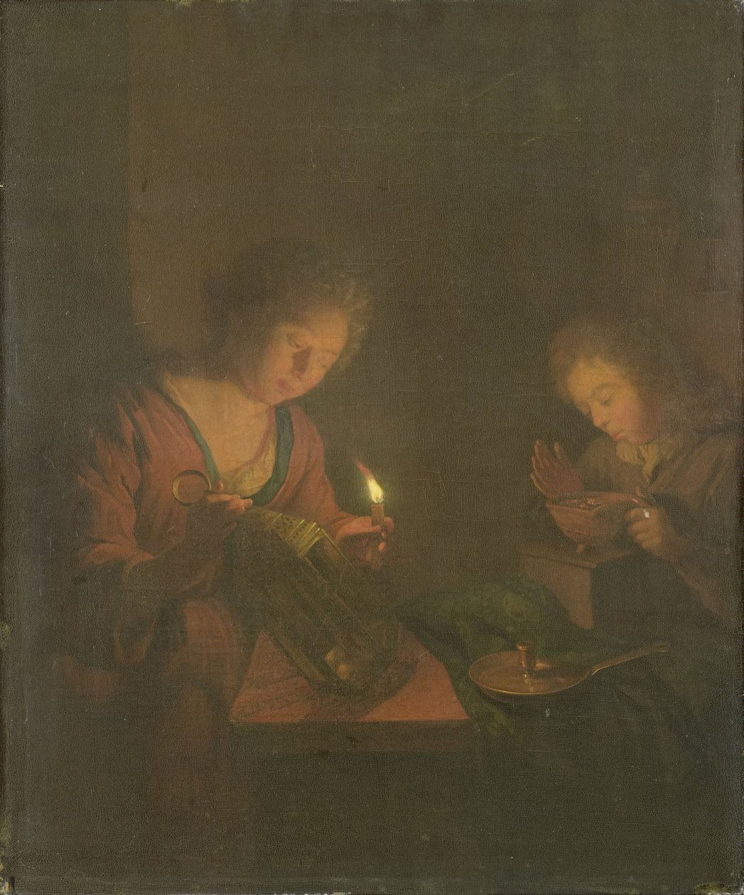 Fogo e Luz (Uma Menina coloca uma Vela numa Lanterna e um Rapaz Sopra no Carvão num Prato de Chafing-Dish) de Godfried Schalcken (attributed to)