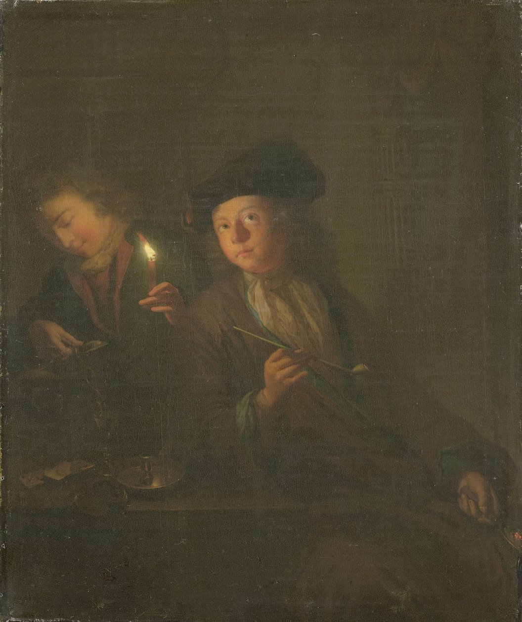 O Fumador (Um Homem com um Cachimbo e um Homem a Verter uma Bebida para um Vidro) de Godfried Schalcken (attributed to)
