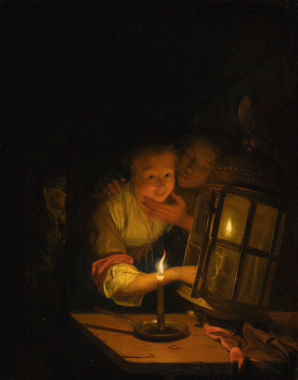 Um casal amoroso apanhado a acender uma lanterna de Godfried Schalcken