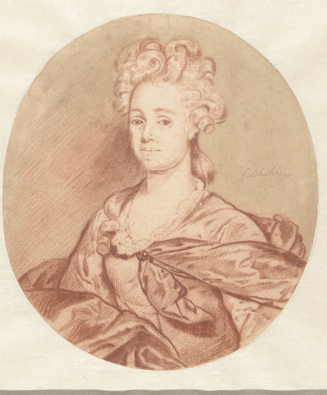 Retrato de uma mulher desconhecida, em oval de Godfried Schalcken