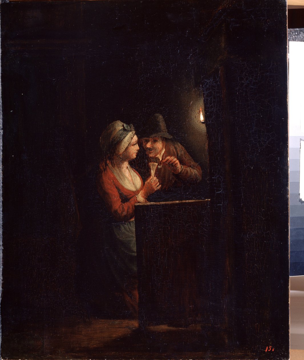 Um homem e uma mulher à luz de velas. Pintura de Godfried Cornelisz Schalcken (1643-1706). Óleo sobre tela, 31 x 25 cm. Arte holandesa, arte barroca. State Open Air Museum Palace Gatchina, São Petersburgo. de Godfried Schalcken
