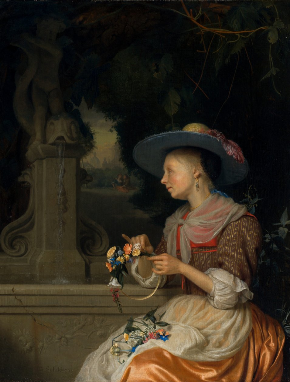 Mulher tecendo uma coroa de flores, c. 16751680. de Godfried Schalcken