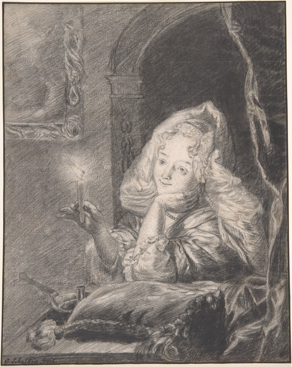 Jovem sentada à mesa, segurando uma vela de Godfried Schalcken