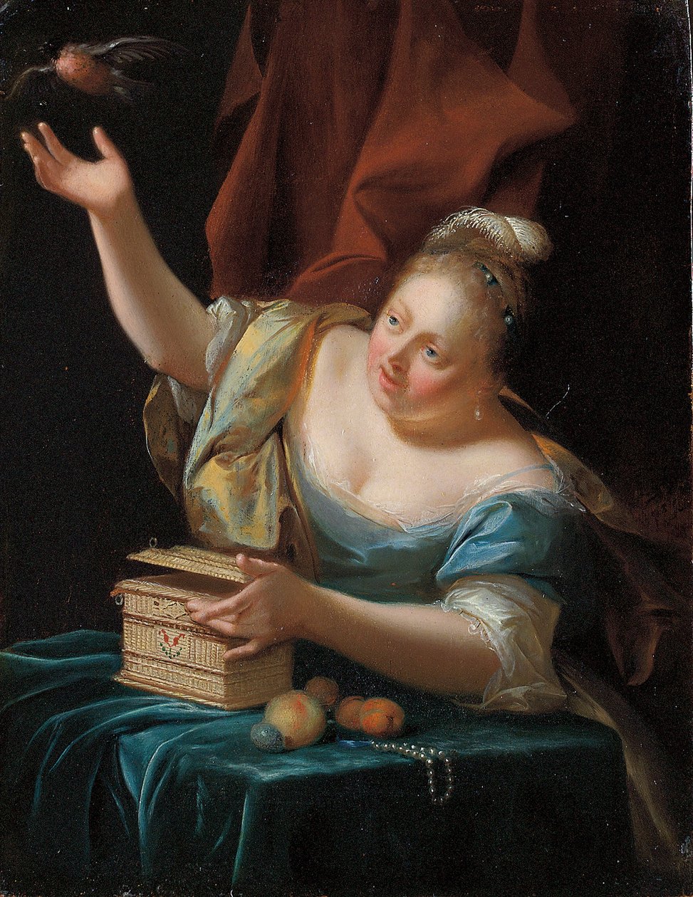 Uma mulher, sentada ao lado de uma mesa em fantasia, libertando um pássaro da gaiola de Godfried Schalcken