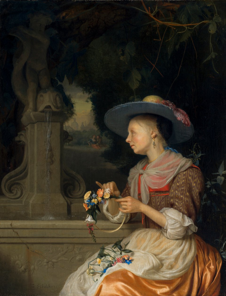 Mulher tecendo uma coroa de flores, c.1675-80 de Godfried Schalcken
