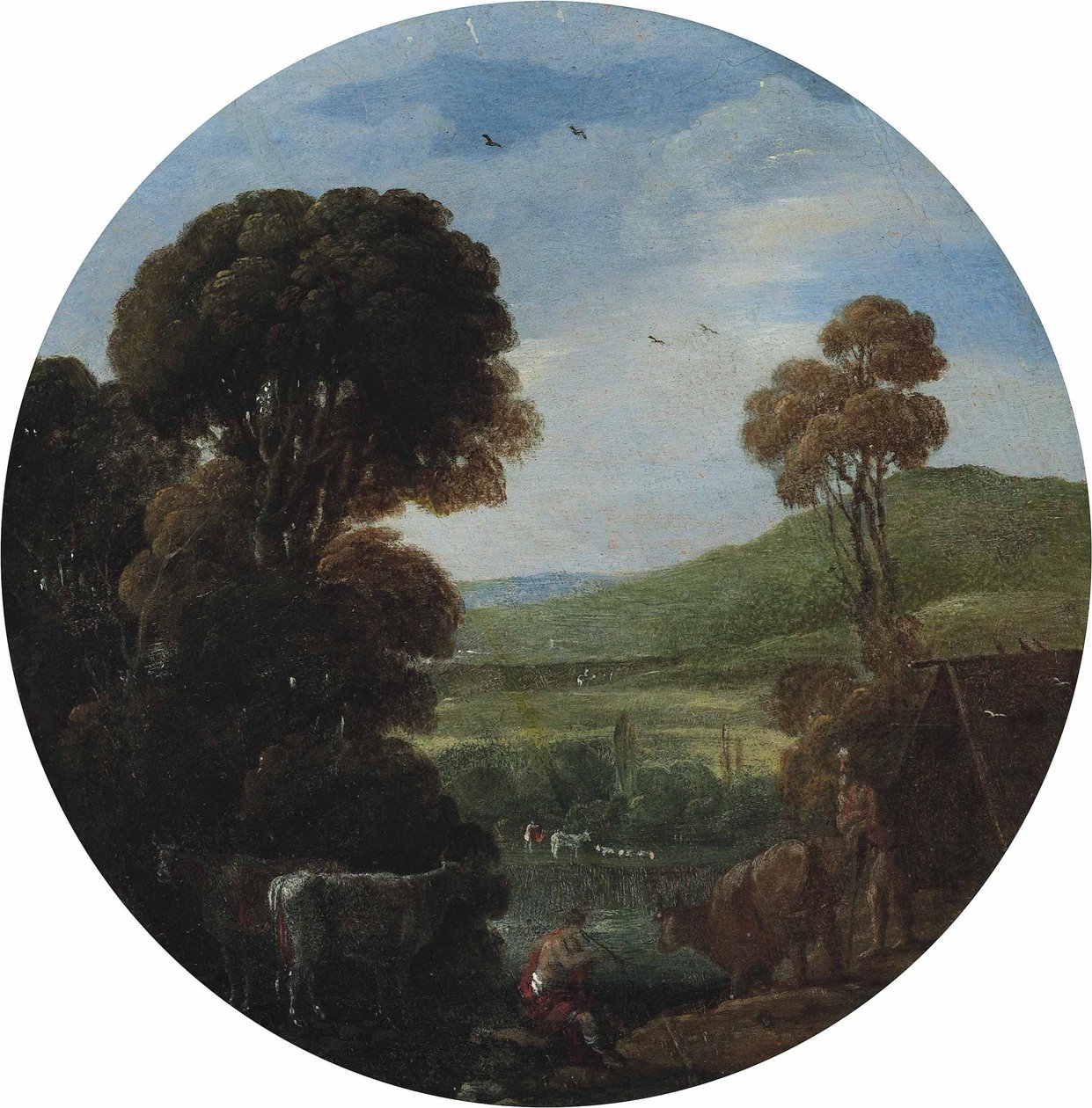 Uma paisagem de rio arborizada com tropeiros e seu gado de Goffredo Wals