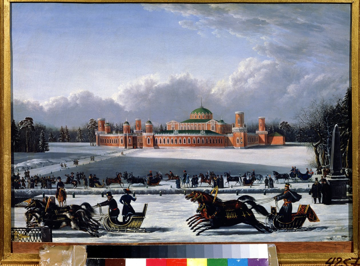 Corrida de trenó no Parque Petrovsky em Moscou (Rússia) (Corrida de trenó no Parque Petrovsky em Moscou). Pintura de A.A. Golitsyn (meados do século XIX), óleo sobre tela de Golitsyn Golitsyn