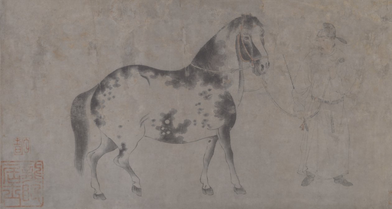 Detalhe de Cinco Cavalos de Homenagem (tinta e cor sobre papel) de Gonglin Li