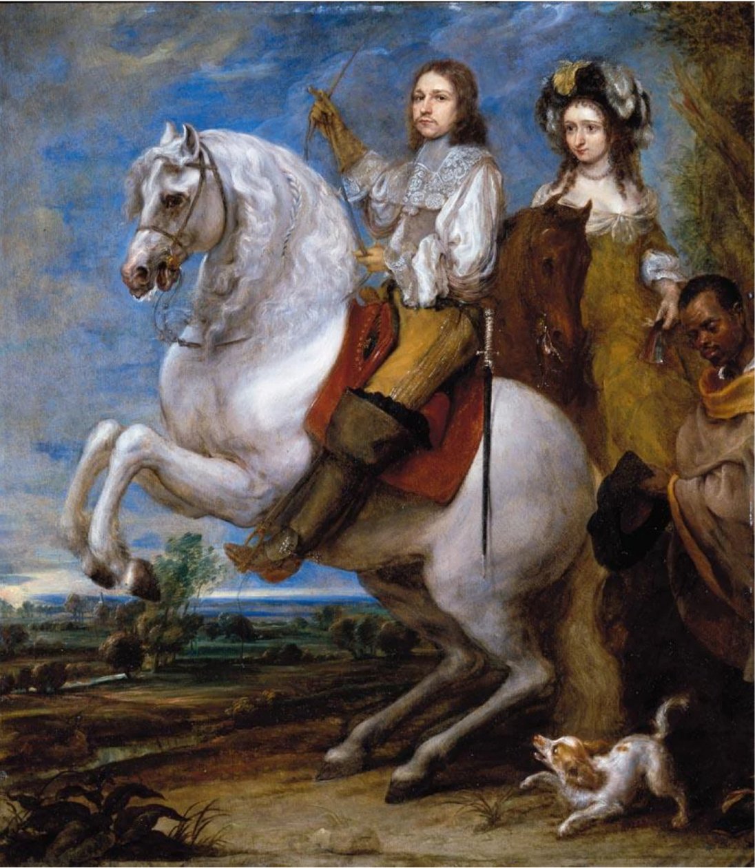 Retrato equestre de um casal elegante com o seu criado preto de Gonzales Coques