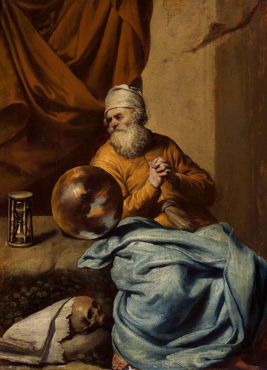 Homem velho com uma esfera, uma ampulheta, uma caveira e livros (Vanitas) de Gonzales Coques