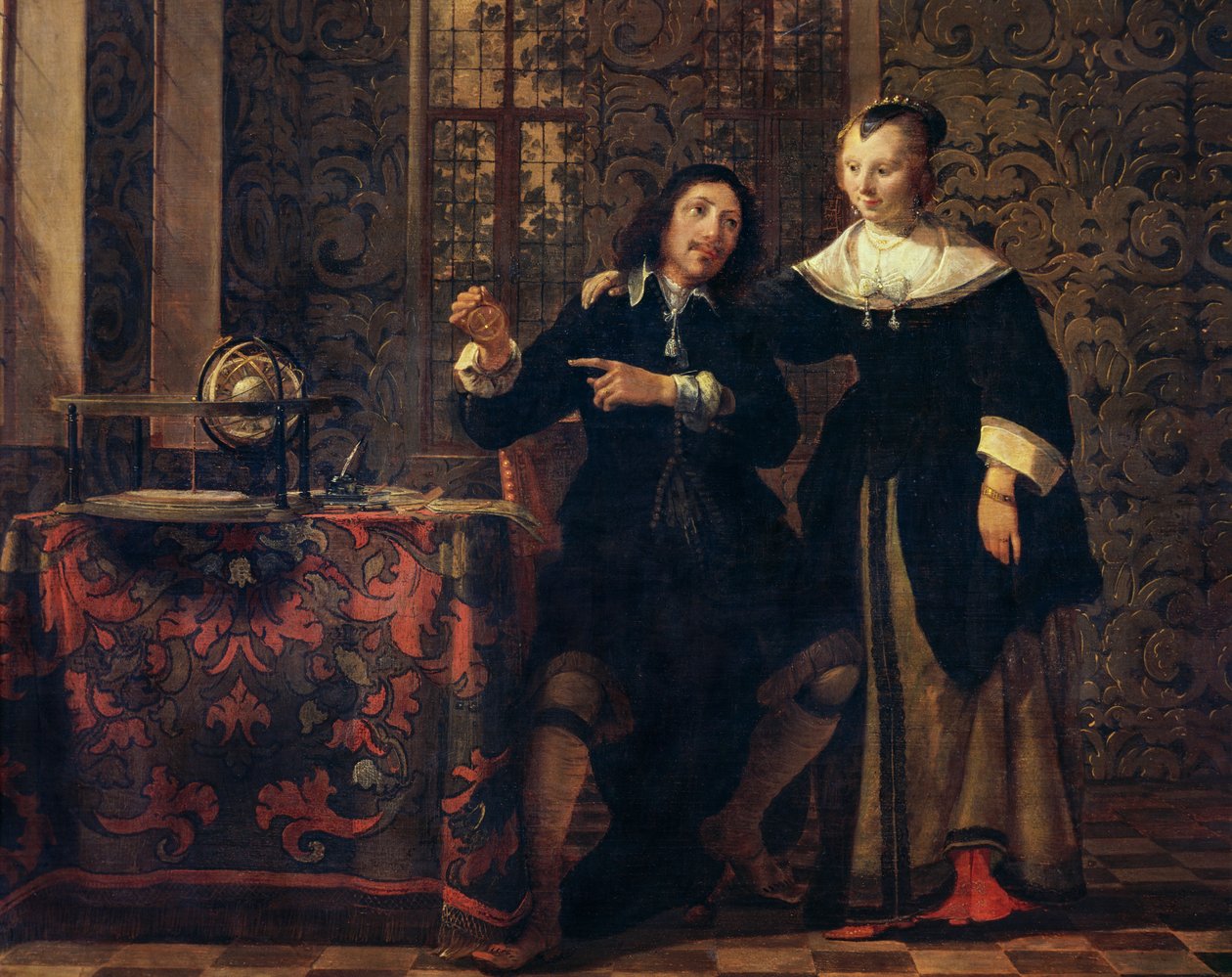 O astrónomo e sua esposa, pintura de Gonzales Coques (1614 ca-1684), óleo sobre painel, 405x505 cm de Gonzales Coques