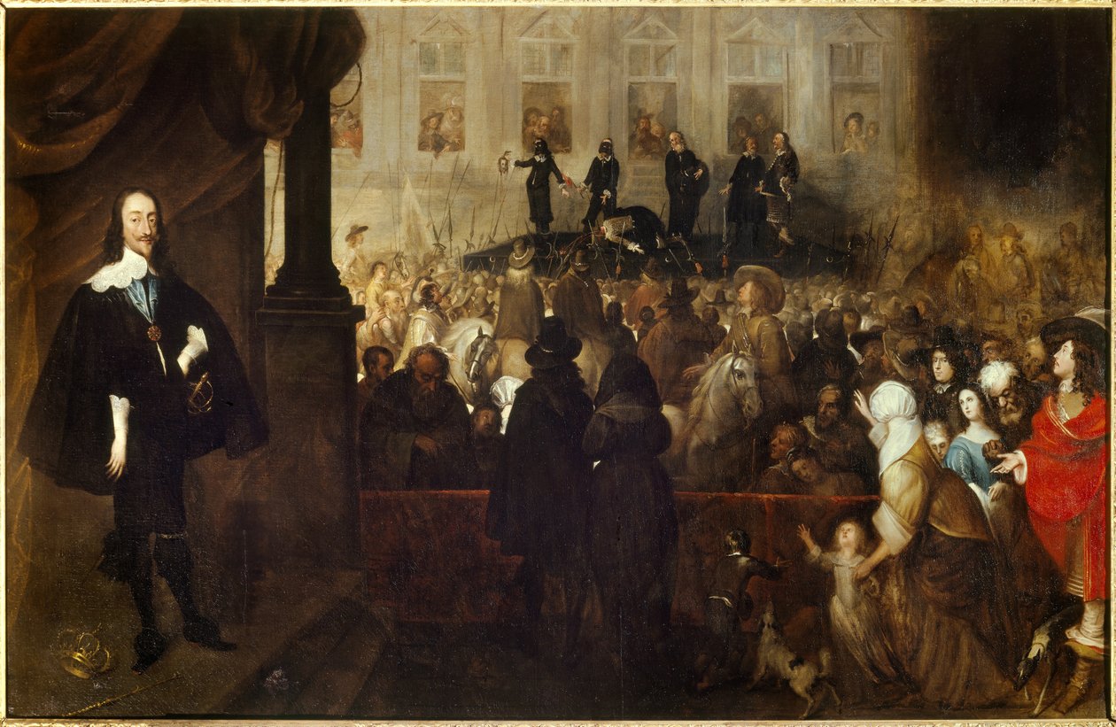 A execução de Charles I em Whitehall Square (White Hall em Londres). Charles I Stuart (1600-1649) Rei de Inglaterra, Escócia e Irlanda de 1625 a 1649 decapitado durante a primeira revolução inglesa. Pintura de Gonzales Hulls (1614-1684) Ec. Flam. de Gonzales Coques