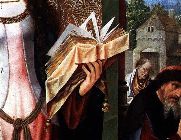 Santa Catarina e os Filósofos, detalhe do livro de orações (óleo sobre painel) (detalhe de 80755) de Goossen van der Weyden