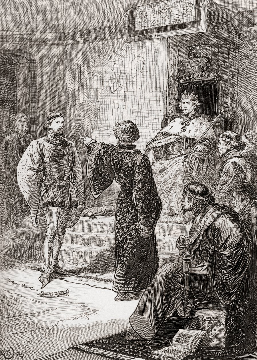 Uma cena de William Shakespeare Rei Ricardo II, Ato 1, Cena 1, Bolingbroke: Covarde, tremulante e pálido, lá eu lancei o meu sinal, de The Works of William Shakespeare, publicado em 1896 de Gordon Frederick Browne