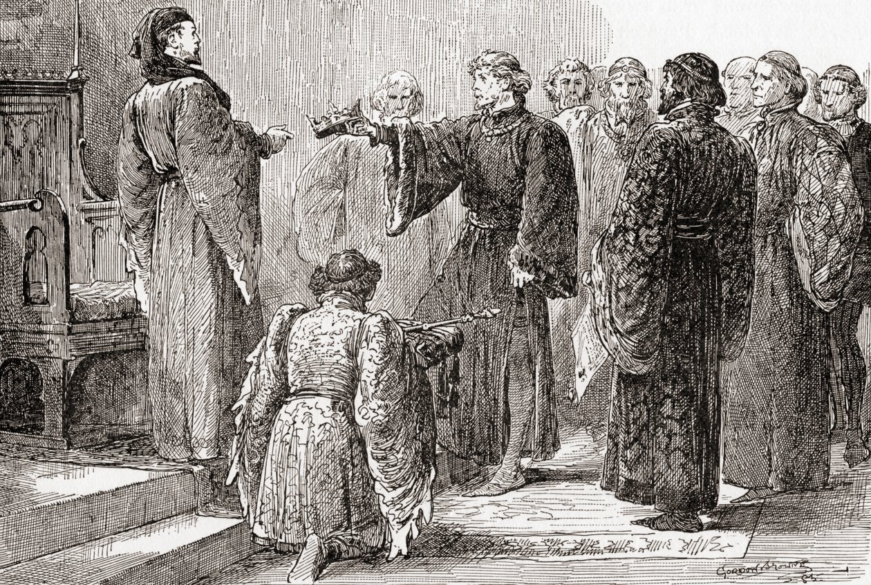 Uma cena de William Shakespeare Rei Ricardo II, Ato IV, Cena 1, Rei Ricardo: Aqui, prima, apanha a coroa, de The Works of William Shakespeare, publicado em 1896 de Gordon Frederick Browne