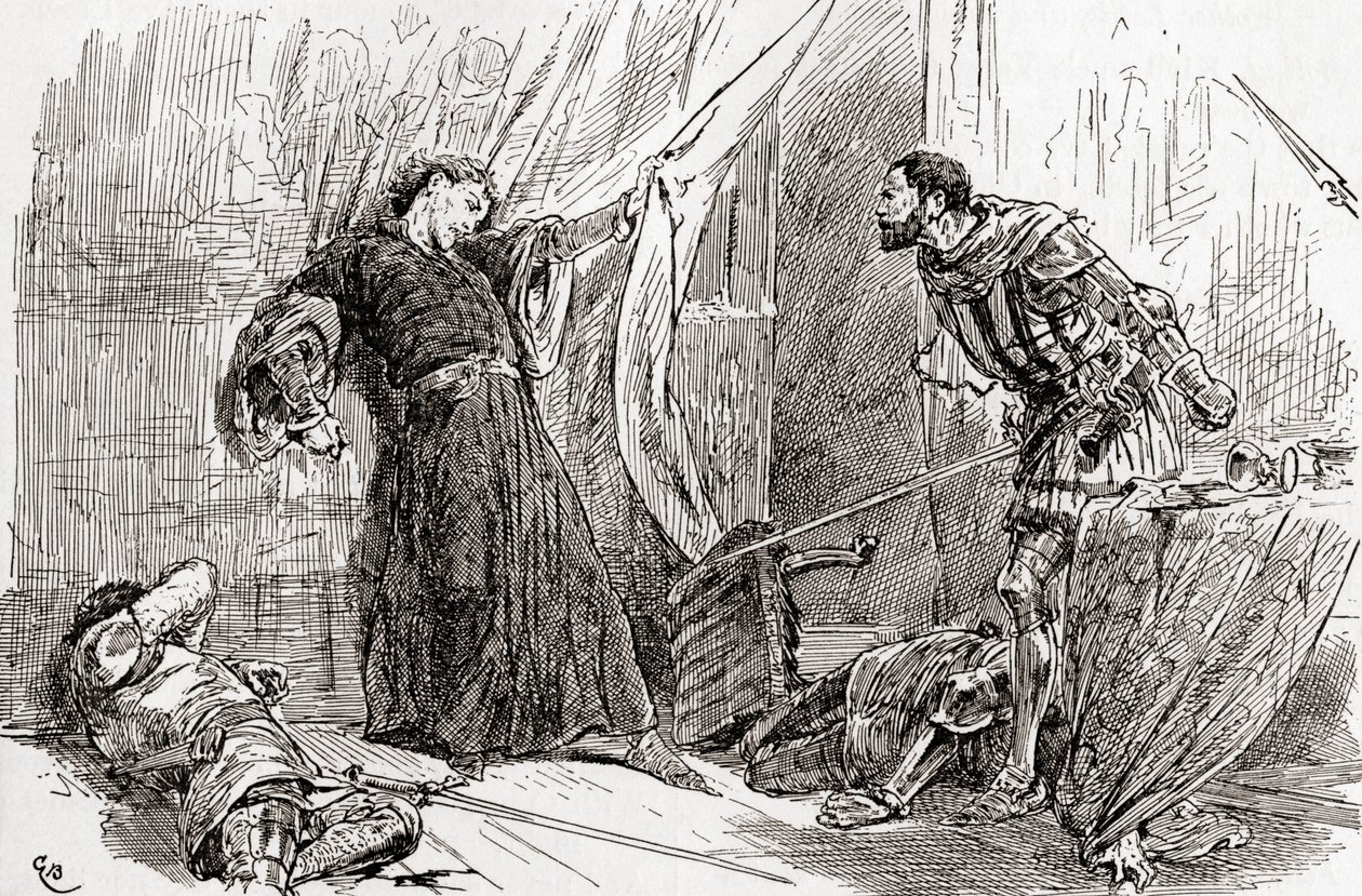 Uma cena de William Shakespeare Rei Ricardo II, Ato V, Cena 5, Rei Ricardo: Exton, tua mão feroz com os reis sangue manchou os reis da própria terra, das Obras de William Shakespeare, publ. de Gordon Frederick Browne
