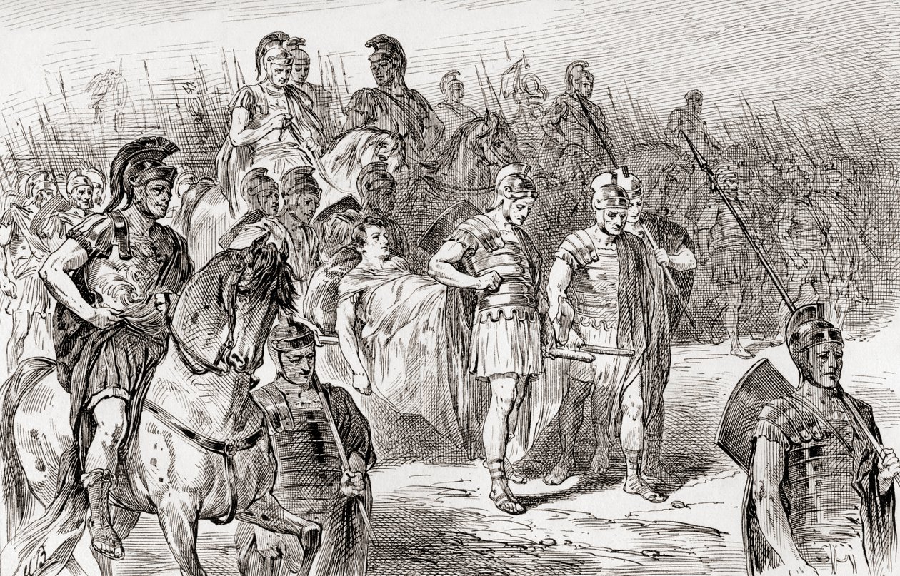 Uma cena de William Shakespeare interpreta Antônio e Cleópatra, Ato III, Cena 1, Ventidius: Suportar o corpo dos reis filhos diante do nosso exército, de The Works of William Shakespeare, publicado em 1896 de Gordon Frederick Browne