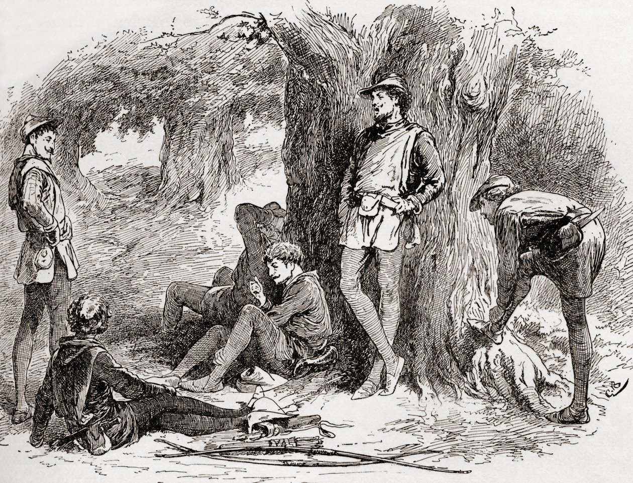 Uma cena de William Shakespeares toca As You Like It, Ato II, Cena 5, Amiens: Debaixo da árvore de madeira que gosta de deitar comigo e virar sua nota alegre para a doce garganta dos pássaros. Venha aqui, com de Gordon Frederick Browne