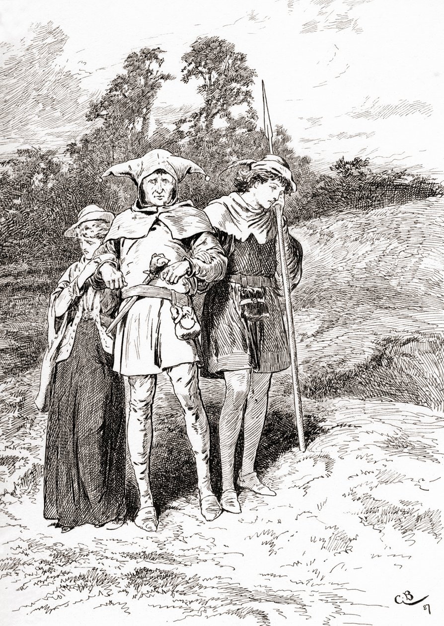 Uma cena de William Shakespeares toca As You Like It. Ato II, Cena IV, Touchstone: Ai, agora estou em Arden, o mais tolo que eu, das obras de William Shakespeare, publicado em 1896 de Gordon Frederick Browne