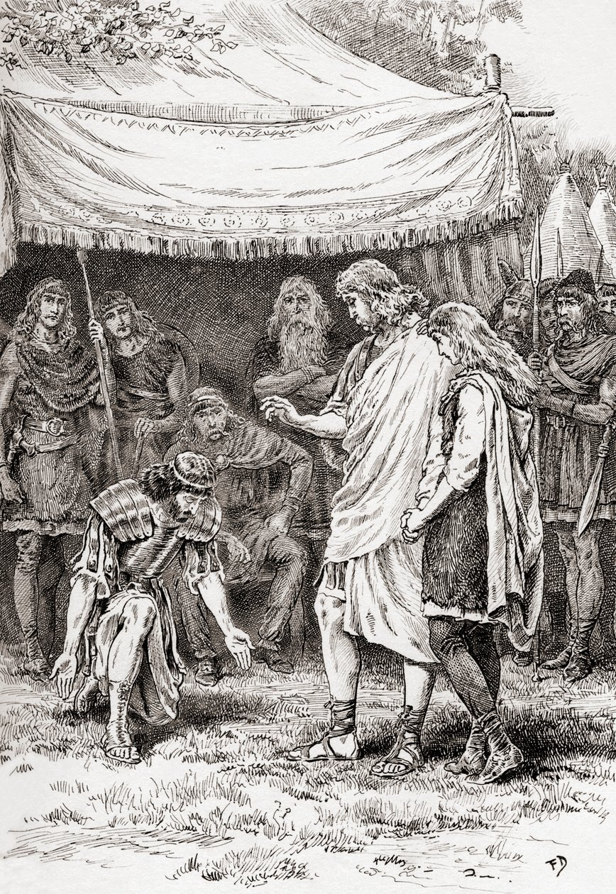 Uma cena de William Shakespeares toca Cymbeline, Act V, Cena 5, Posthumus Leonatus: Ajoelhe-se não para mim. O poder que eu tenho em você é poupá-lo, de The Works of William Shakespeare, publicado em 18 de Gordon Frederick Browne