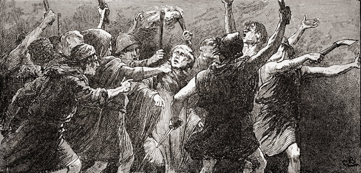Uma cena de William Shakespeare interpreta Júlio César, Ato III, Cena 3, Terceiro cidadão: Rasgue-o, rasgue-o, de Os Trabalhos de William Shakespeare, publicado em 1896 de Gordon Frederick Browne