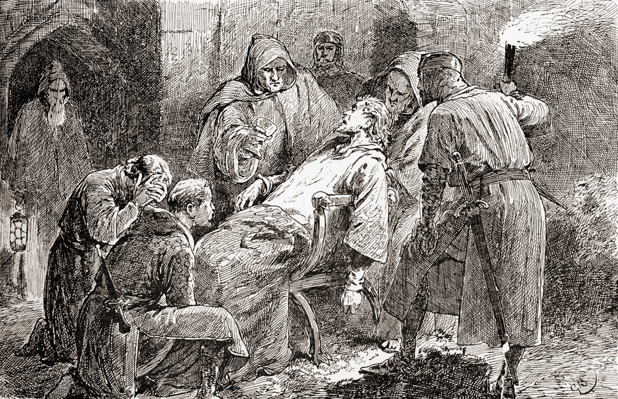 Uma cena de William Shakespeares tocar King John, Act V, Cena 7, King John: Poisond, doente, morto, abandonou, a partir de Obras de William Shakespeare, publicado em 1896 de Gordon Frederick Browne
