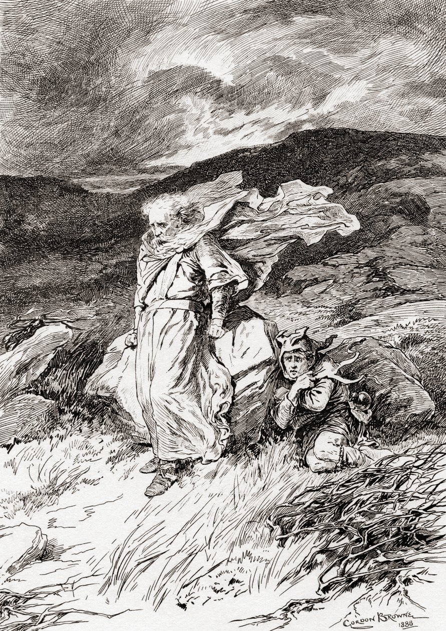 Uma cena de William Shakespeares toca o Rei Lear, Ato III, Cena 2, Lear: Não, eu serei o padrão de toda a paciência, não direi nada, de Os Trabalhos de William Shakespeare, publicado em 1896 (gravado de Gordon Frederick Browne