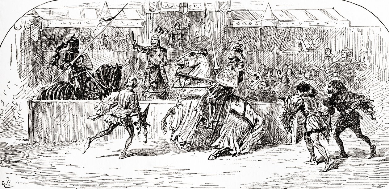 Uma cena de William Shakespeares interpreta o rei Ricardo II, Ato 1, Cena 3, Mar: Fique, fique, o rei jogou seu guarda no chão, de The Works of William Shakespeare, publicado em 1896 de Gordon Frederick Browne