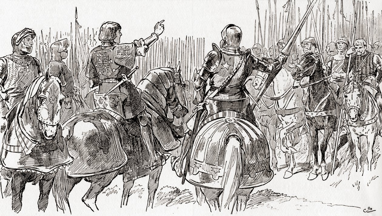 Uma cena de William Shakespeares toca King Richard III, Ato V, Cena 2, Richmond: Companheiros de armas e meus amigos mais amorosos, machucados sob o jugo da tirania, de The Works of William Shakesp de Gordon Frederick Browne