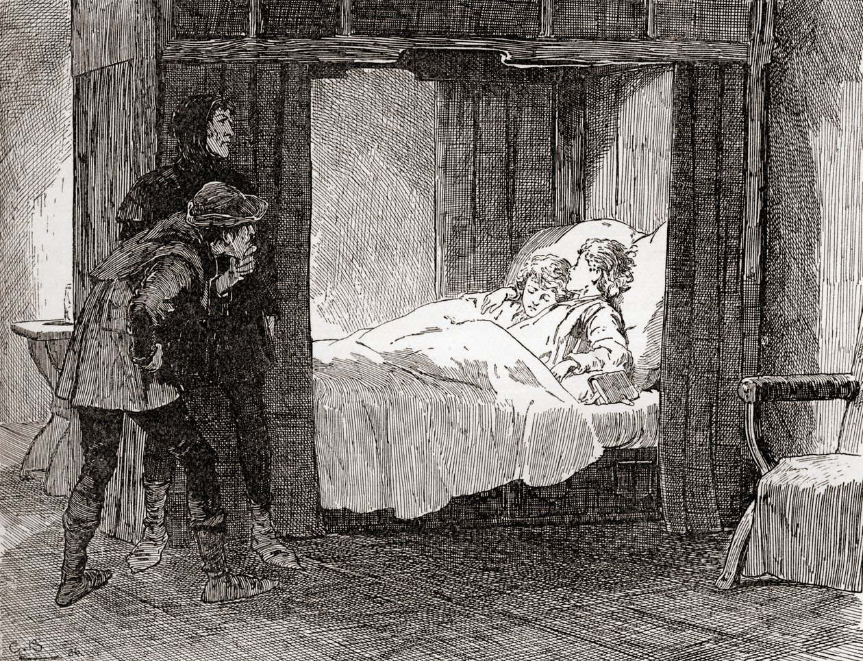 Uma cena de William Shakespeare interpreta o Rei Ricardo III, Ato IV, Cena 3, Tyrrell: Oh, assim, disse Dighton, ponha as tuas gentis gatas - Assim, assim, rogou Forrest, cingindo uma à outra dentro do seu alabastro. de Gordon Frederick Browne