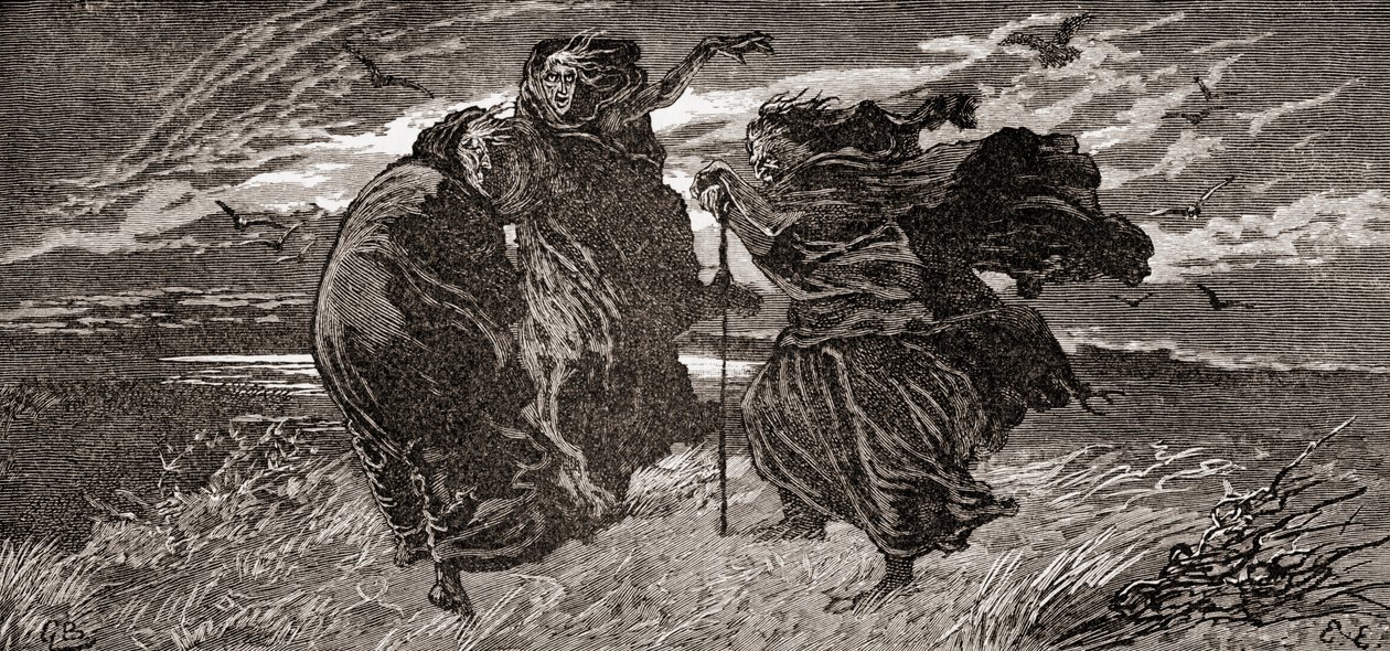 Uma cena de William Shakespeare interpreta Macbeth, Ato I, Cena I, Primeira Feiticeira: Quando nos encontraremos novamente, em trovão, relâmpago ou em chuva , em The Works of William Shakespeare, publicado em 1896 ( de Gordon Frederick Browne