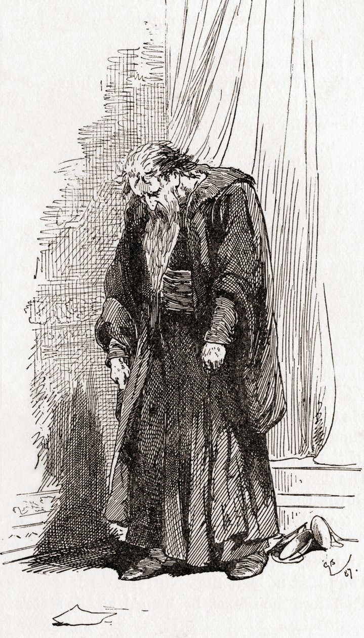 Uma cena de William Shakespeares interpreta Mercador de Veneza, Ato IV, Cena 1, Shylock: Eu rezo para você, me dê licença para partir daqui. Eu não estou bem, de The Works of William Shakespeare, publicado em 1896 (e de Gordon Frederick Browne