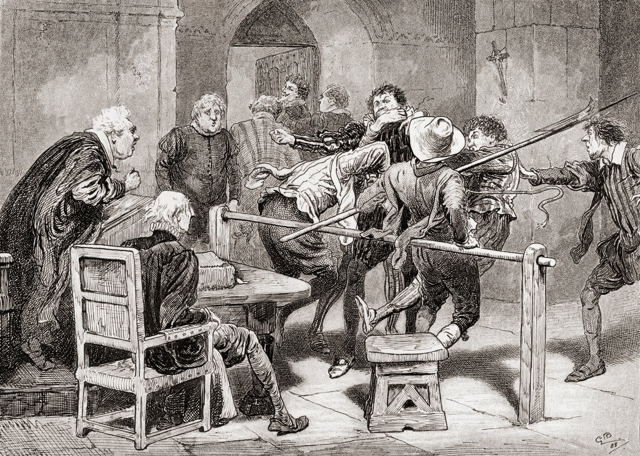 Uma cena de William Shakespeares toca Muito Barulho por Nada, Ato IV, Cena 2, Dogberry: Você não suspeita do meu lugar Você não suspeita de meus anos , de The Works of William Shakespeare, publis de Gordon Frederick Browne