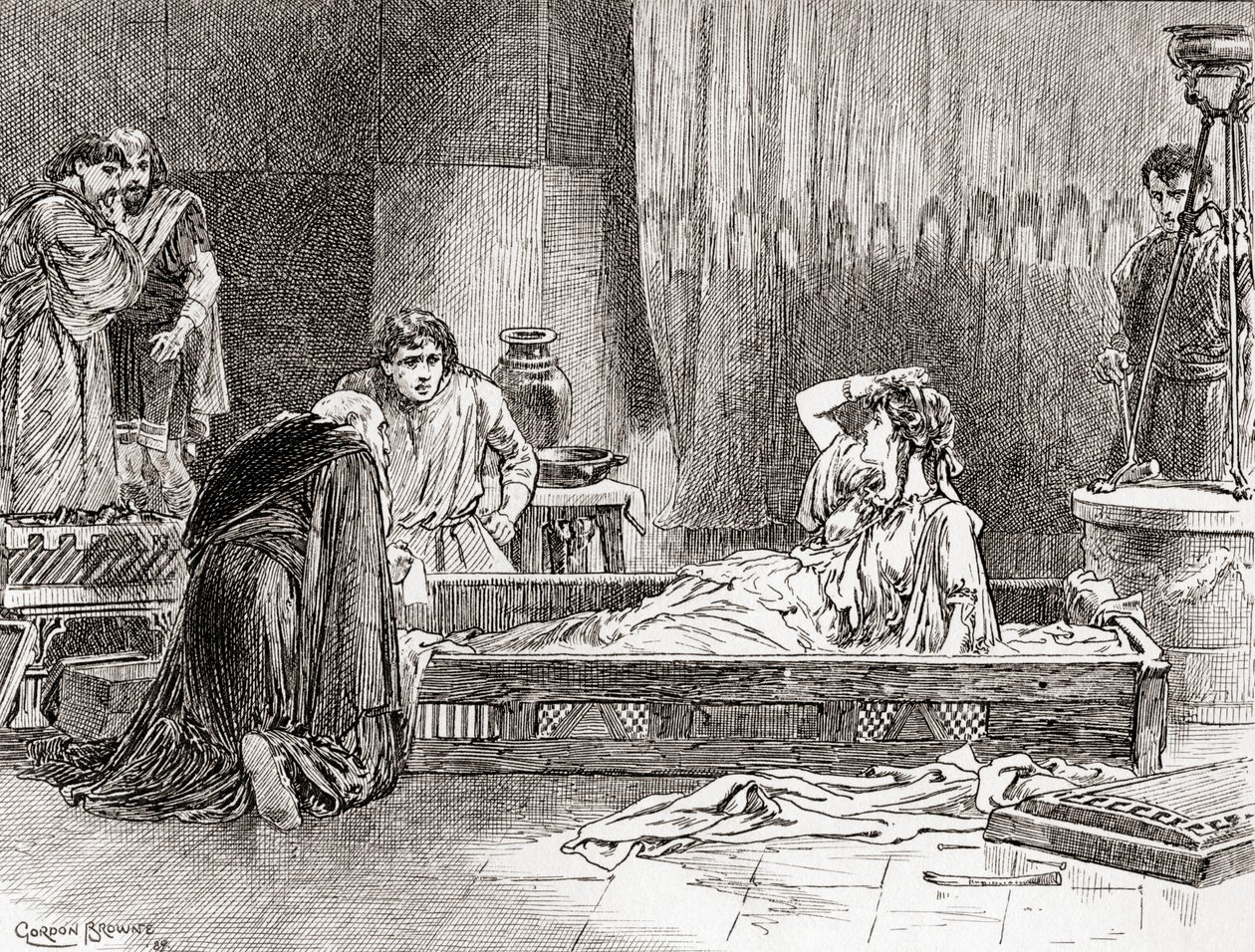 Uma cena de William Shakespeares interpreta Péricles, Príncipe de Tiro, Ato III, Cena 2, Thaísa: Ó, querida Diana, onde estou Onde está meu senhor Que mundo é esse , de The Works of William Shakespeare, publis de Gordon Frederick Browne