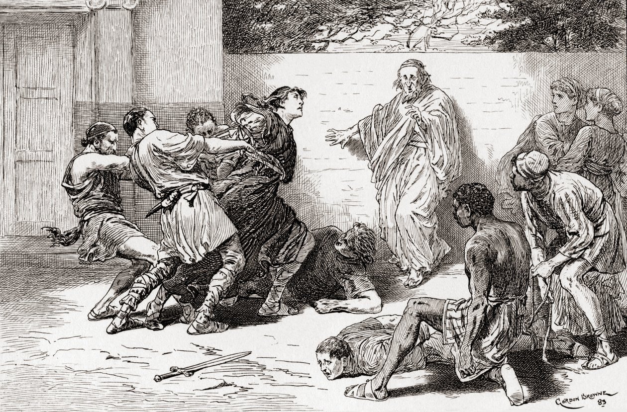 Uma cena de William Shakespeare interpreta A Comédia dos Erros, Ato V, Cena 4, Adriana: Oh, amarre-o, amarre-o, não o deixe aproximar-se de mim. Pinch: Mais companhia, o demônio é forte dentro dele, da The Wor de Gordon Frederick Browne