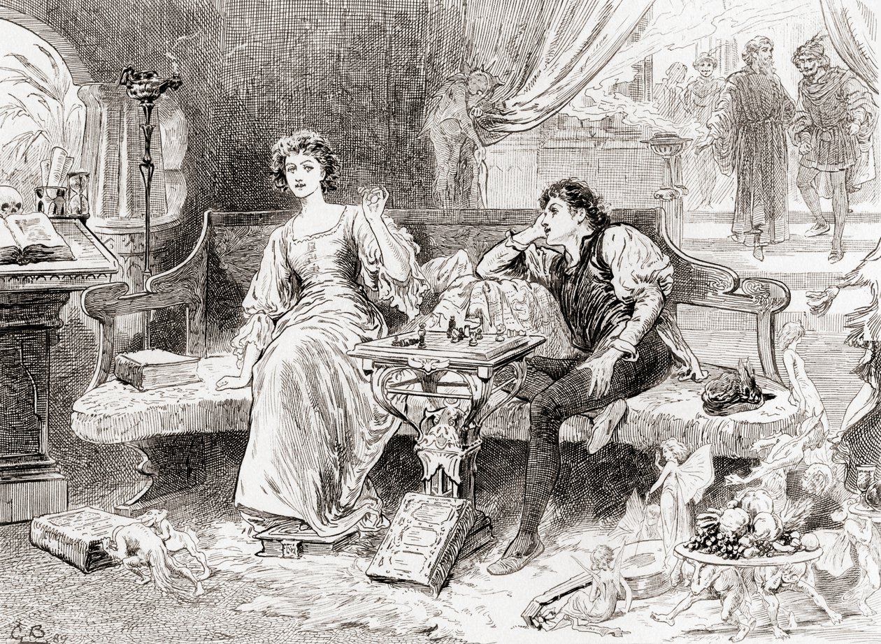 Uma cena de William Shakespeares toca A Tempestade, Ato V, Cena 1, Miranda: Doce Senhor, você me interpreta como falso, de Os Trabalhos de William Shakespeare, publicado em 1896 de Gordon Frederick Browne