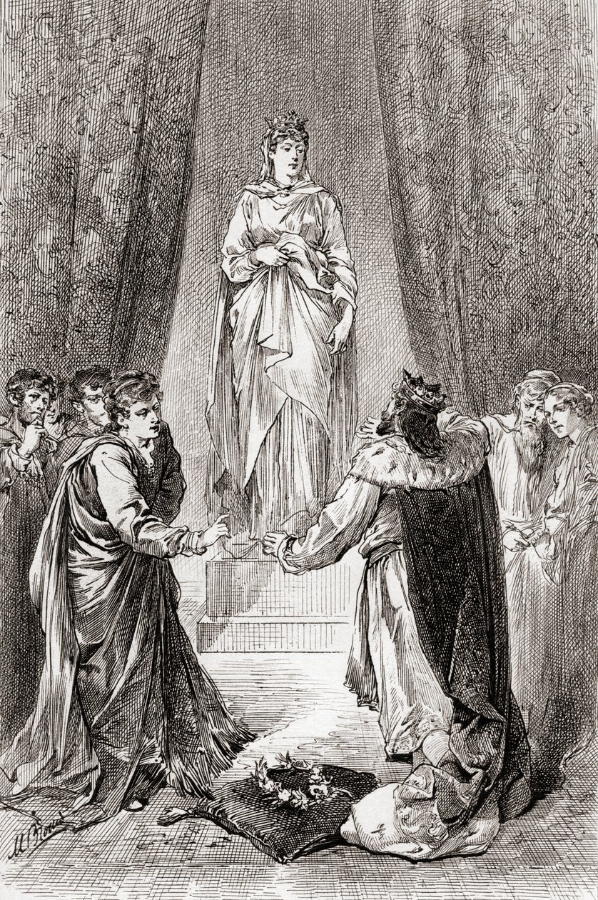 Uma cena de William Shakespeares toca The Winters Tale, Ato V, Cena 3, Leontes: Que ninguém zombe de mim, pois vou beijá-la, em The Works of William Shakespeare, publicado em 1896 de Gordon Frederick Browne