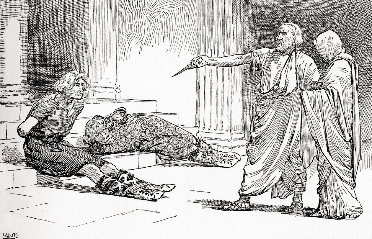 Uma cena de William Shakespeares toca Titus Andronicus, Ato V, Cena 2, Titus: Venha, venha, Lavinia, veja, teus inimigos estão amarrados, de The Works of William Shakespeare, publicado em 1896 de Gordon Frederick Browne