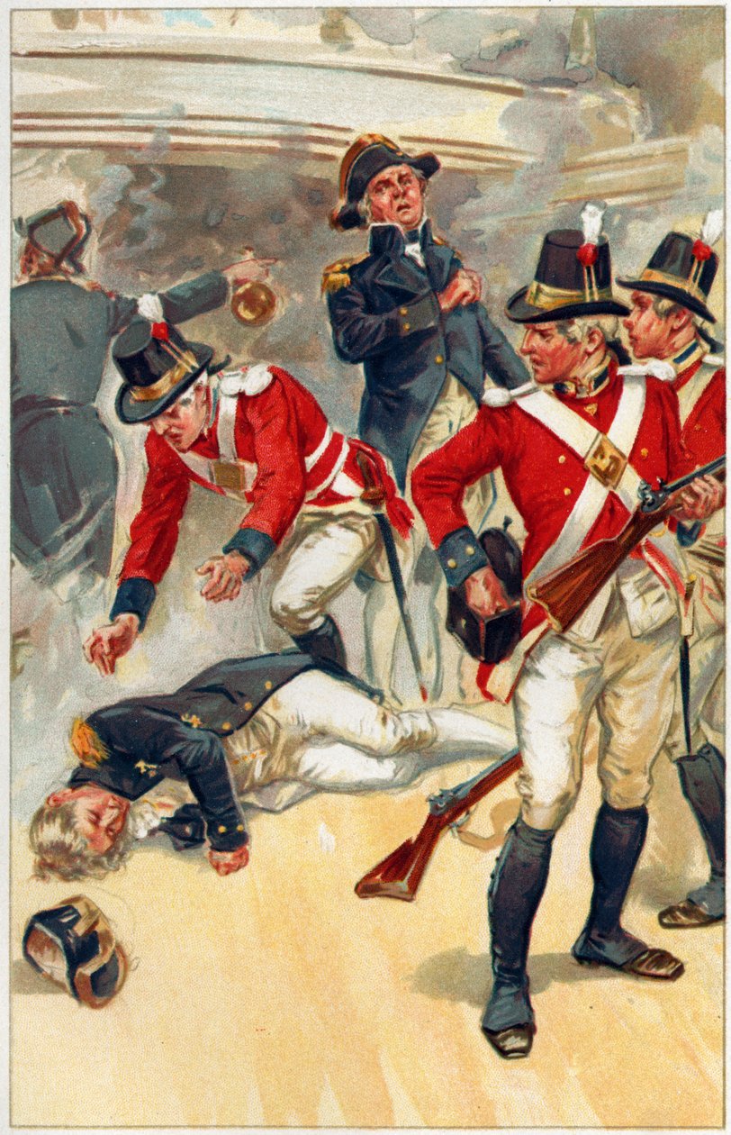 "Nelson foi atingido por um tiro do aparelhamento", ilustração de "Heróis e heroínas da história inglesa" por Alice S. Hoffman de Gordon Frederick Browne
