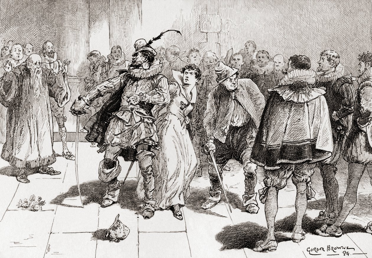 Petruchio: Não tenha medo, moça doce, eles não te tocam Kate, mal te assustarei contra um milhão, Cena de William Shakespeares tocar A Megera Domada, Ato III, Cena 2, de As Obras de de Gordon Frederick Browne