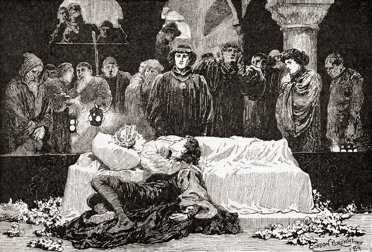 Príncipe: Para nunca foi uma história de mais desgraça do que esta de Julieta e seu Romeo, Uma cena de William Shakespeares tocar Romeu e Julieta, Ato V, Cena 3, de Os Trabalhos de William Shakespeare, publicado 1 de Gordon Frederick Browne