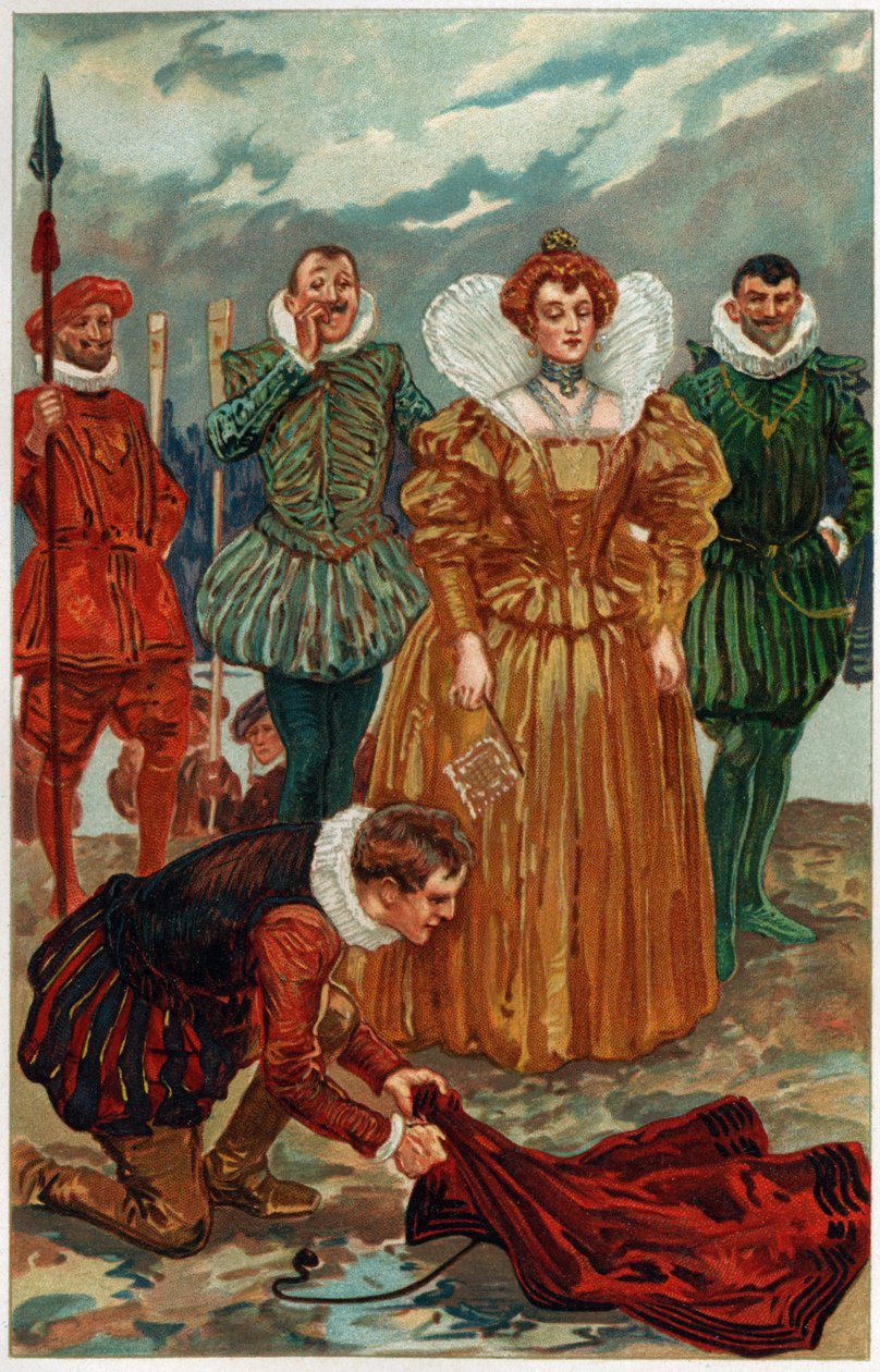 "Raleigh tirou a capa rica dos ombros e colocou-a sobre a terra úmida", ilustração de "Heróis e heroínas da história inglesa", de Alice S. Hoffman de Gordon Frederick Browne