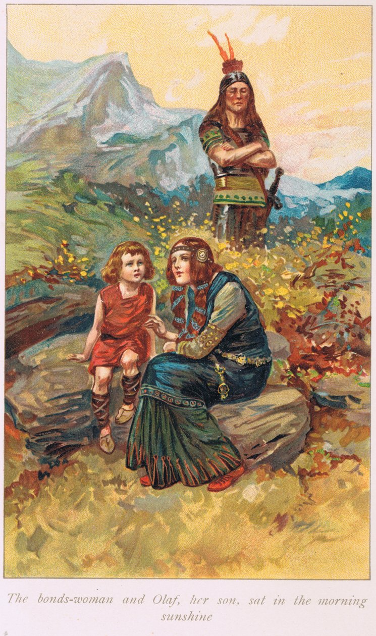 Bondswoman e Olaf, seu filho, sentaram-se ao sol da manhã, ilustração de "O Livro das Sagas", de Alice S. Hoffman, publicada em 1926 de Gordon Frederick Browne