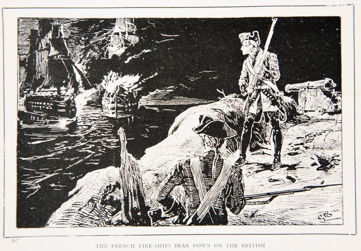 Os bombeiros franceses atacam os britânicos, uma ilustração de "With Wolfe in Canada, ou The Winning of a Continent" de GA Henty, pub. Blackie e filho Ltd, 1887 de Gordon Frederick Browne