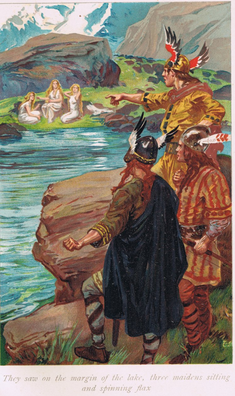 Eles viram nas margens do lago, três donzelas sentadas e fiar linho, ilustração de "O Livro das Sagas" por Alice S. Hoffman, publicado em 1926 de Gordon Frederick Browne
